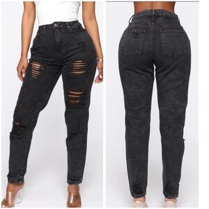 Fashion Nova Lola Destructed Jeans, Black Stonewash, High Waist, Relaxed Fit.